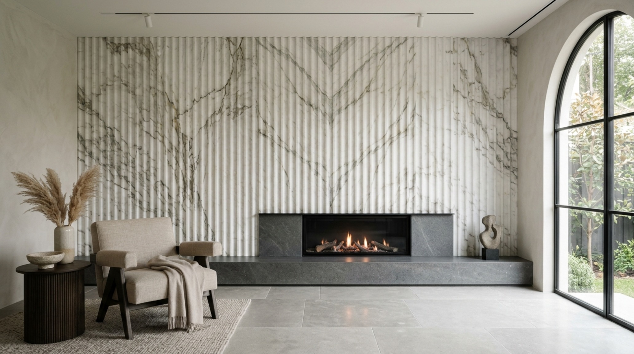 Sustainable stone surfaces like a fluted marble accent wall paired with soft-grain white oak flooring for a tactile interior experience.