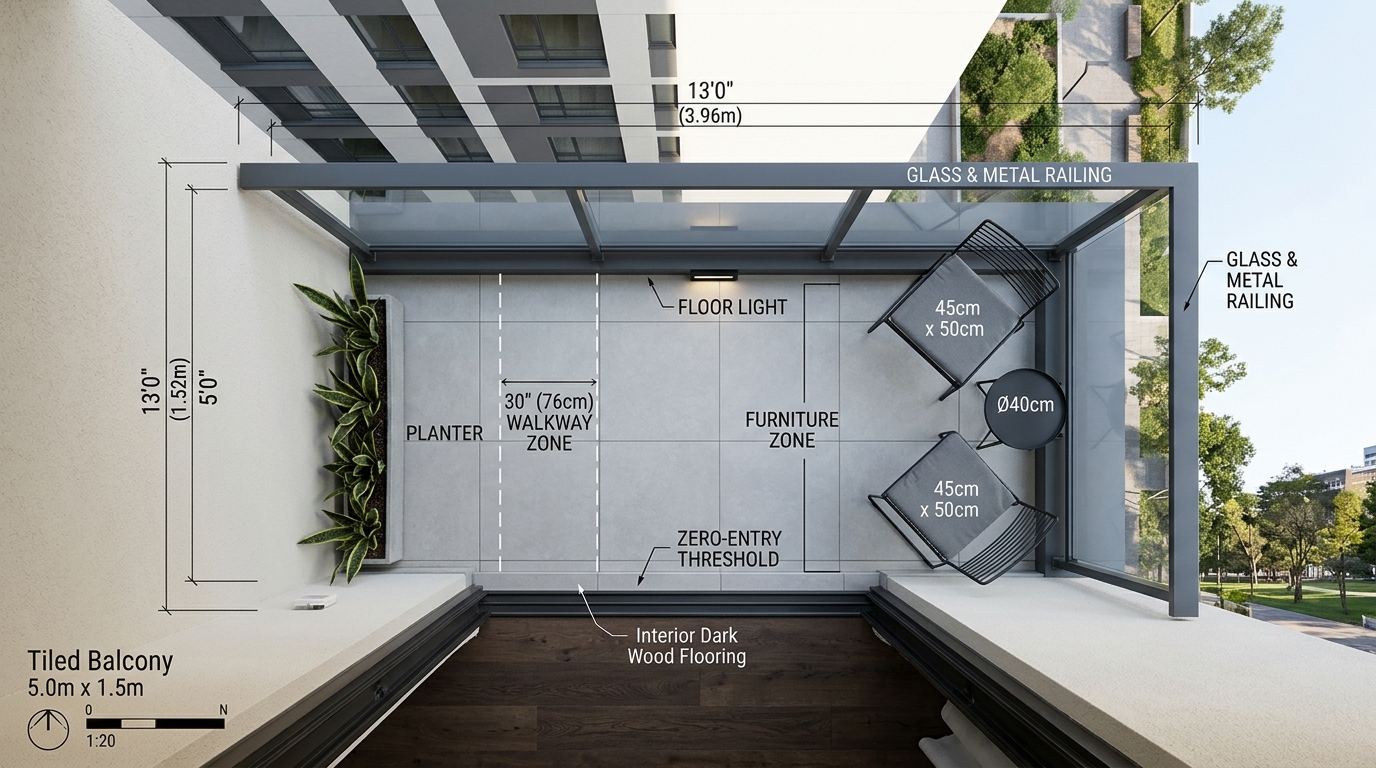 Top-down architectural perspective showing a 30-inch walkway clearance and ergonomic furniture layout on a small tiled balcony. Top-down architectural perspective showing a 30-inch walkway clearance and ergonomic furniture layout on a small tiled balcony.
