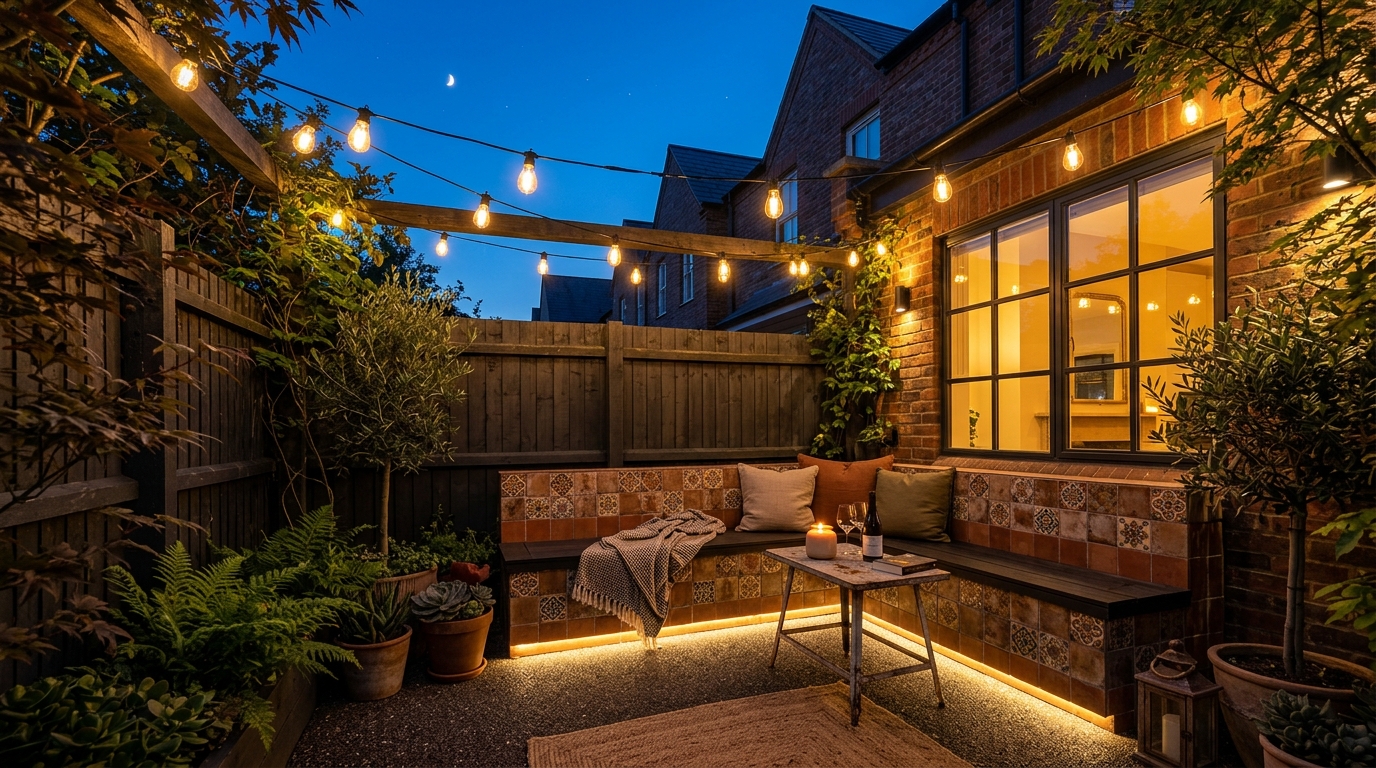 Atmospheric evening shot of a balcony illuminated by 2700K warm LED string lights and concealed toe-kick lighting. Atmospheric evening shot of a balcony illuminated by 2700K warm LED string lights and concealed toe-kick lighting.