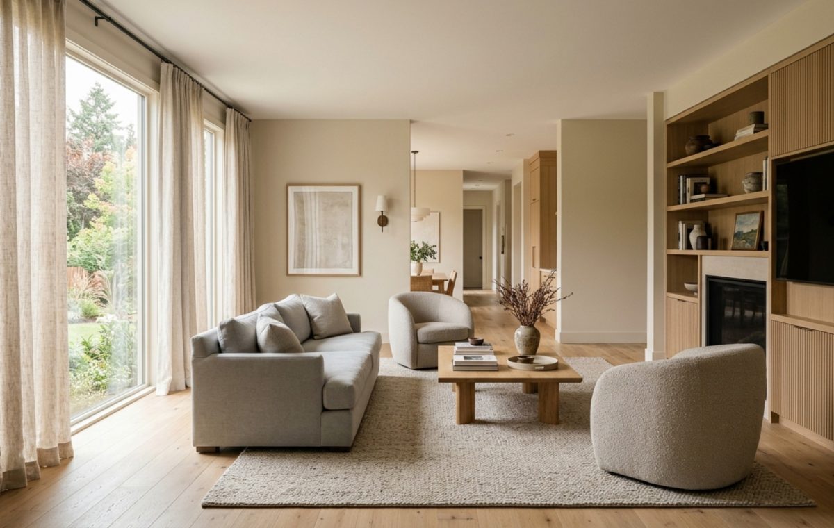 A sun-drenched living room featuring Benjamin Moore Pale Oak walls and 36-inch circulation paths between organic modern furniture pieces.