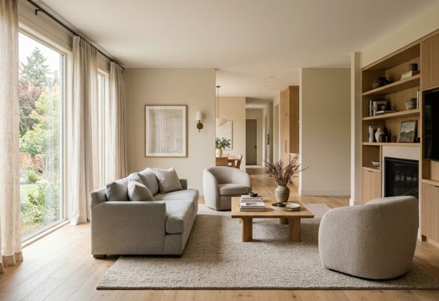 A sun-drenched living room featuring Benjamin Moore Pale Oak walls and 36-inch circulation paths between organic modern furniture pieces.