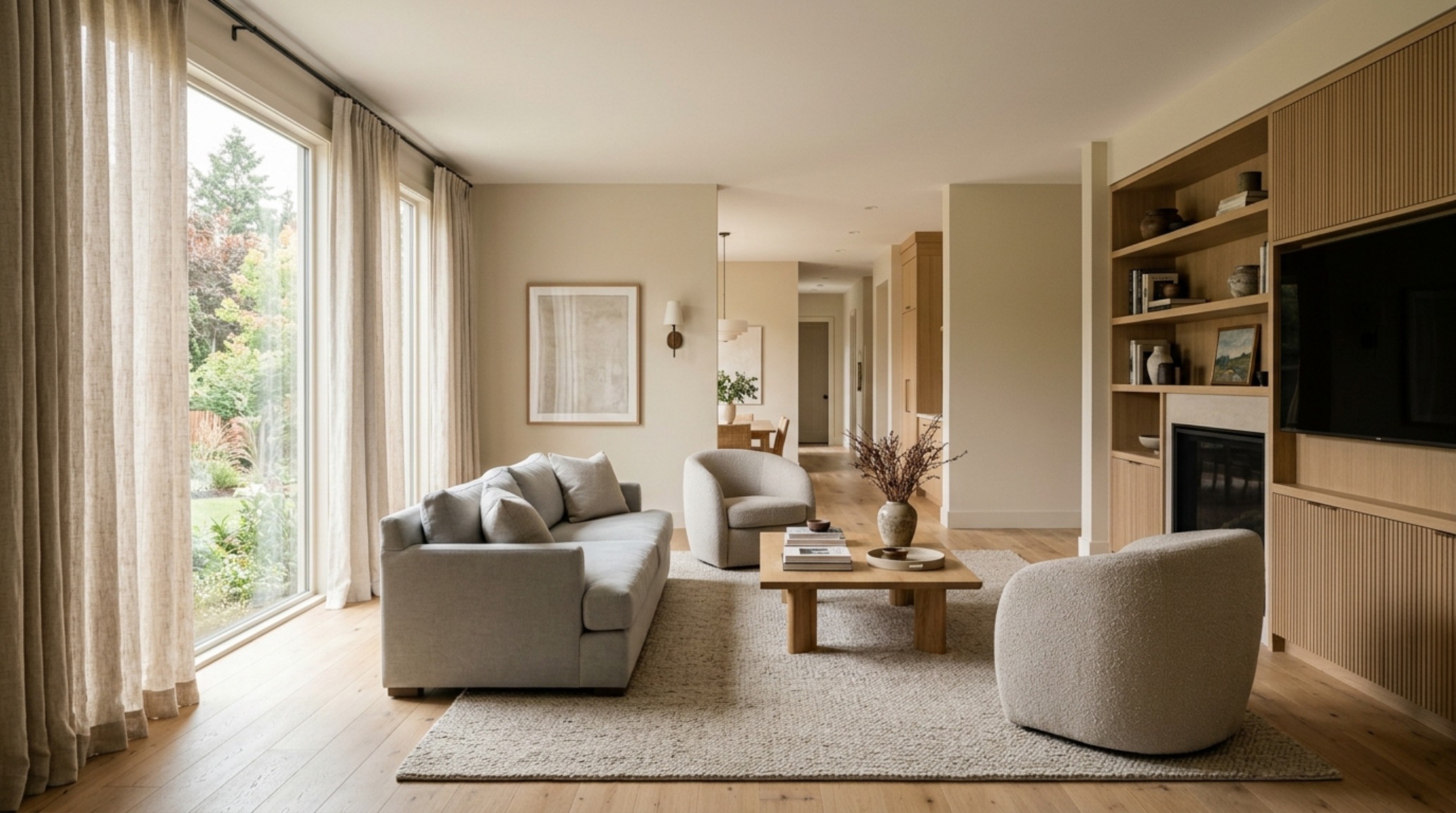A sun-drenched living room featuring Benjamin Moore Pale Oak walls and 36-inch circulation paths between organic modern furniture pieces. A sun-drenched living room featuring Benjamin Moore Pale Oak walls and 36-inch circulation paths between organic modern furniture pieces.
