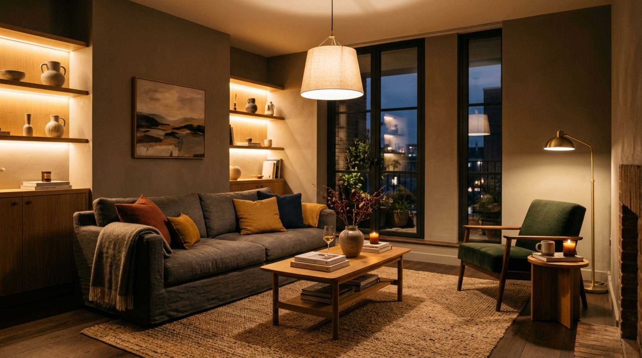 Atmospheric evening shot of a living area where 2700K lighting transforms warm gray paint into a rich, glowing sanctuary. Atmospheric evening shot of a living area where 2700K lighting transforms warm gray paint into a rich, glowing sanctuary.