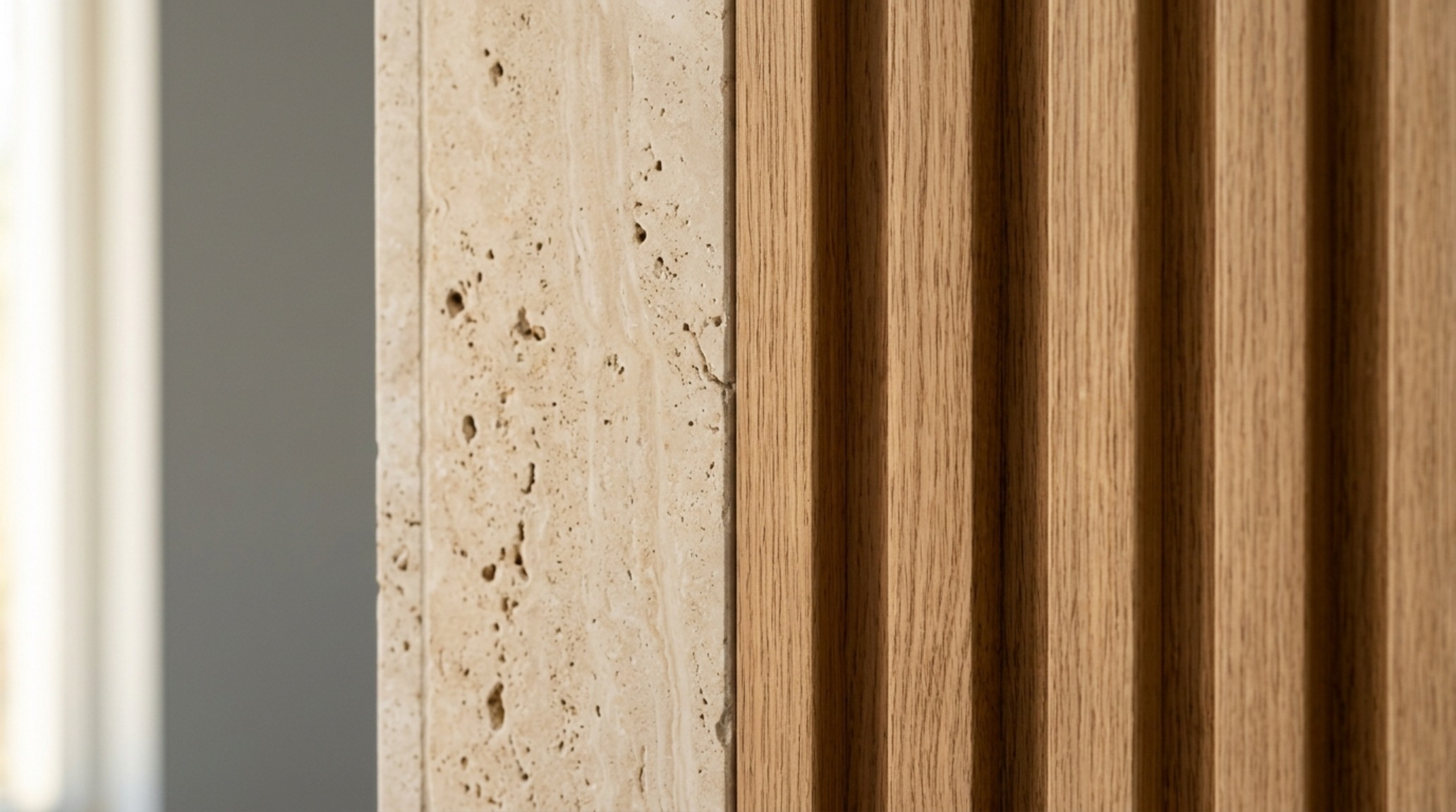 Detailed shot of honed travertine stone and fluted white oak textures against a soft greige wall, embodying organic modern aesthetics. Detailed shot of honed travertine stone and fluted white oak textures against a soft greige wall, embodying organic modern aesthetics.