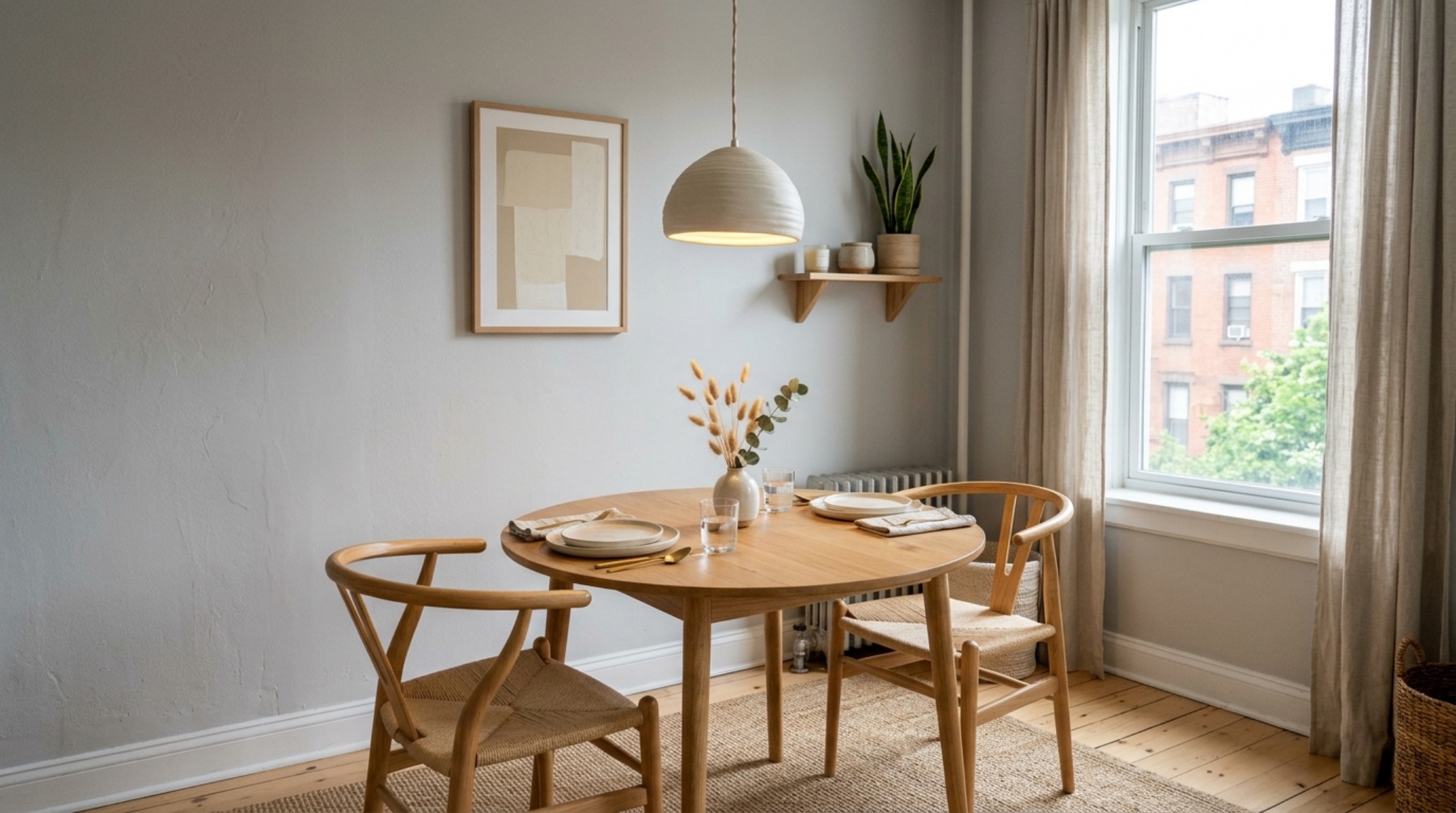 Architectural view of a 30-inch dining chair clearance in a compact dining area painted in a light reflectance value optimized gray. Architectural view of a 30-inch dining chair clearance in a compact dining area painted in a light reflectance value optimized gray.