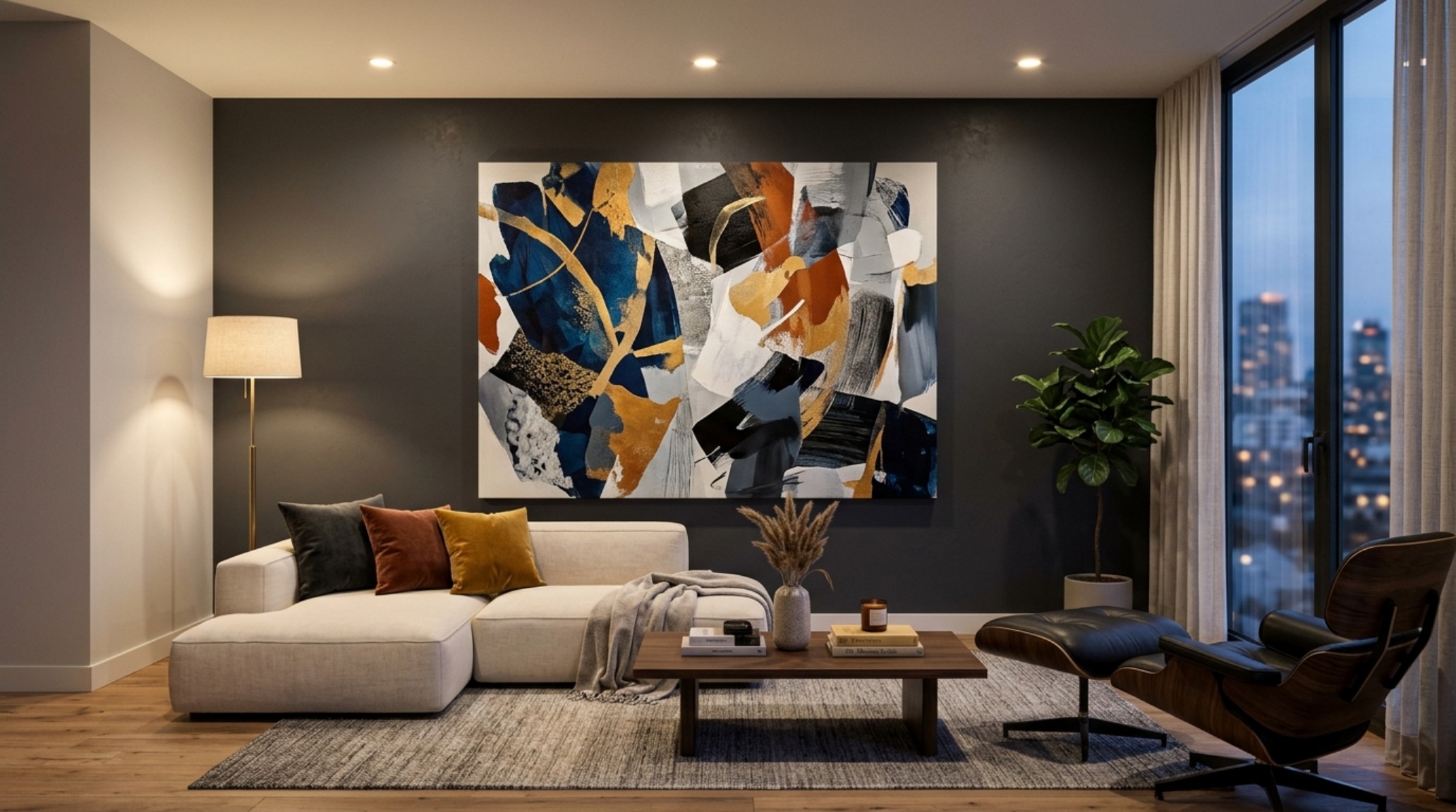 Modern charcoal accent wall decor in a minimalist living room featuring a low-profile sofa and high CRI 92+ directional lighting. Modern charcoal accent wall decor in a minimalist living room featuring a low-profile sofa and high CRI 92+ directional lighting.