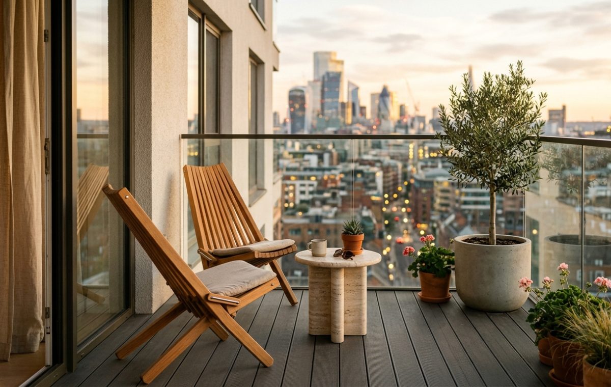 High-performance small apartment balcony ideas featuring ergonomic teak chairs and panoramic city views during golden hour.