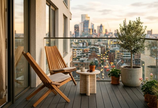 High-performance small apartment balcony ideas featuring ergonomic teak chairs and panoramic city views during golden hour.