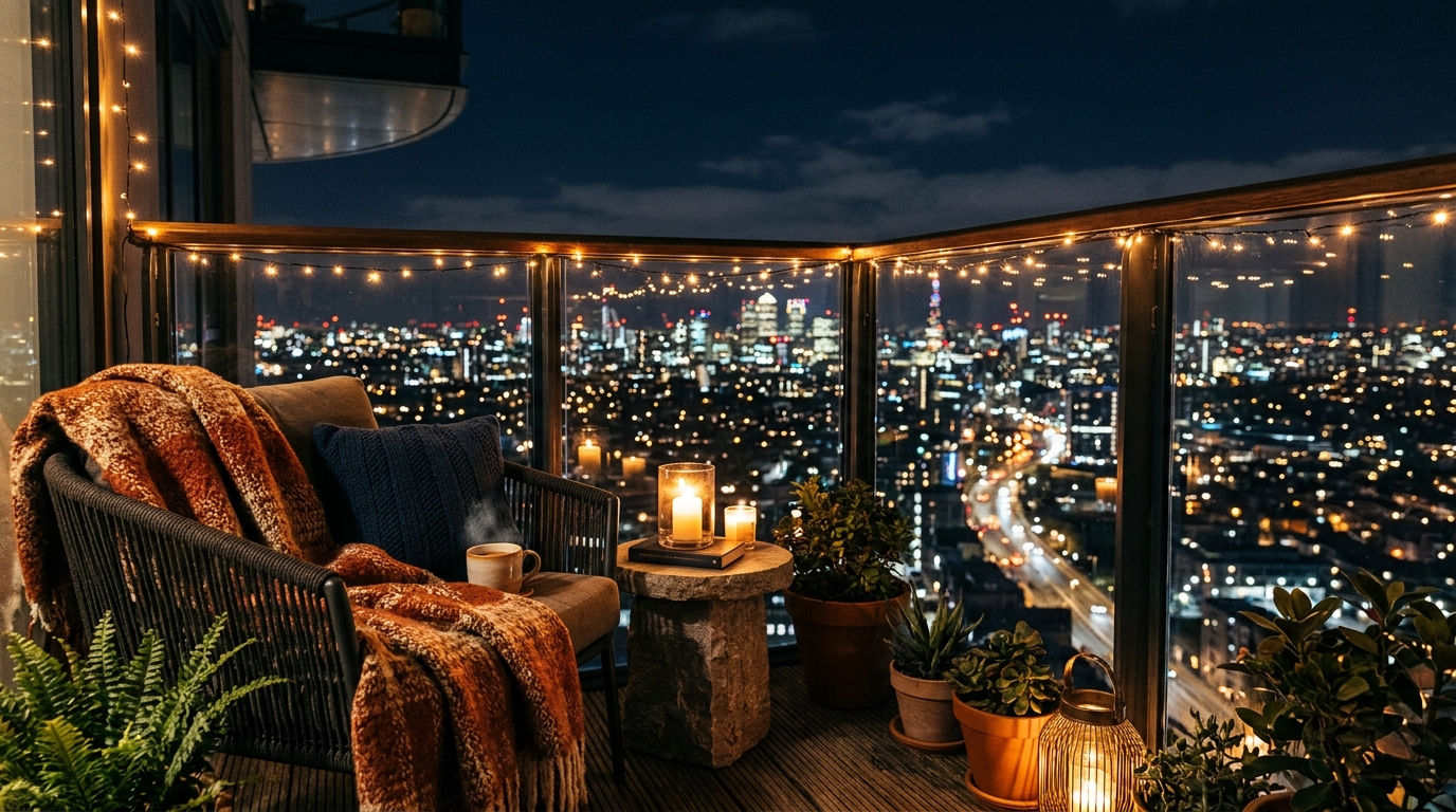 Evening view of a cozy outdoor balcony with warm string lights and a glass of wine on a stone side table.