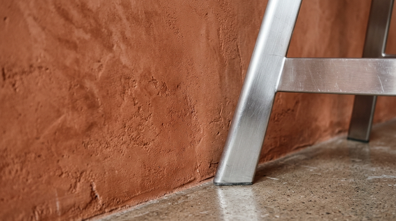 Tactile contrast between brushed stainless steel furniture frames and a soft terracotta limewash wall.