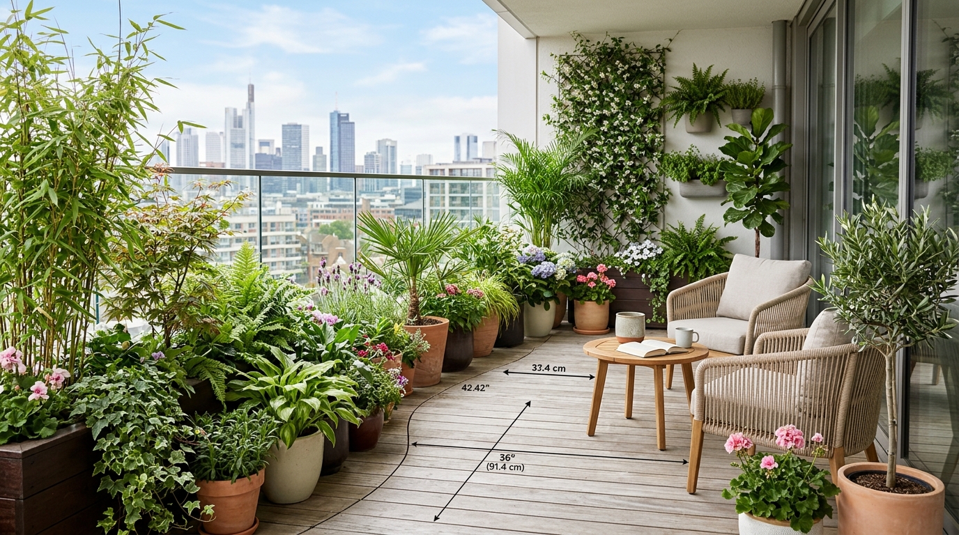 High-density urban living balcony showing a spatial cadence of furniture and negative breathing room.