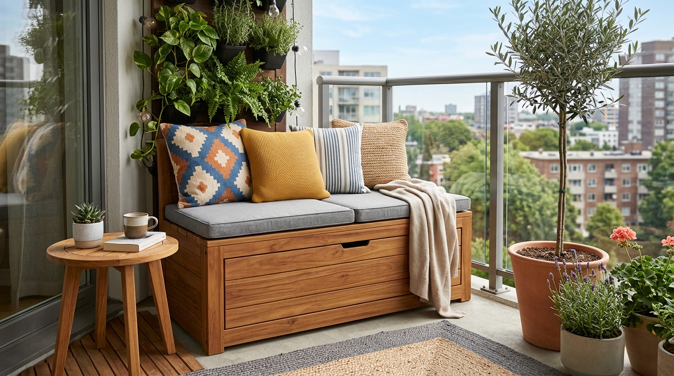 Multi-functional outdoor furniture including a storage bench that doubles as a lounge seat.
