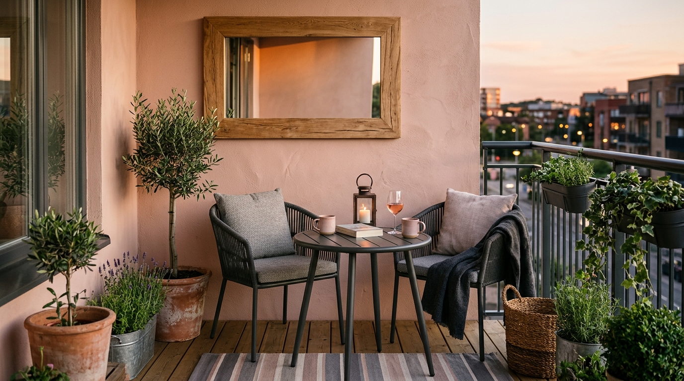 Refined color palette of Benjamin Moore Swiss Coffee and gunmetal slate on a modern terrace.