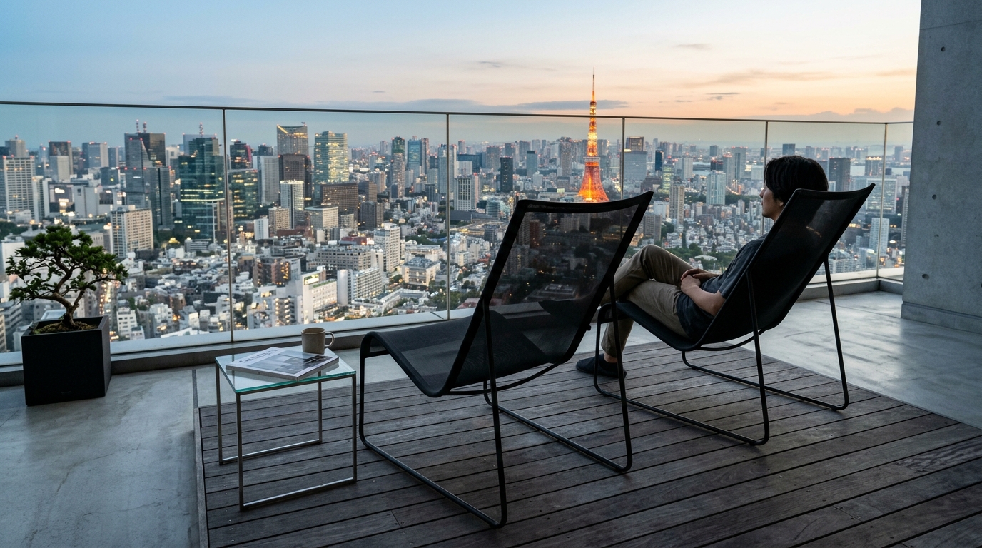Low-profile lounge seating with high-tension fabric for a 'vanishing' furniture effect on a balcony.