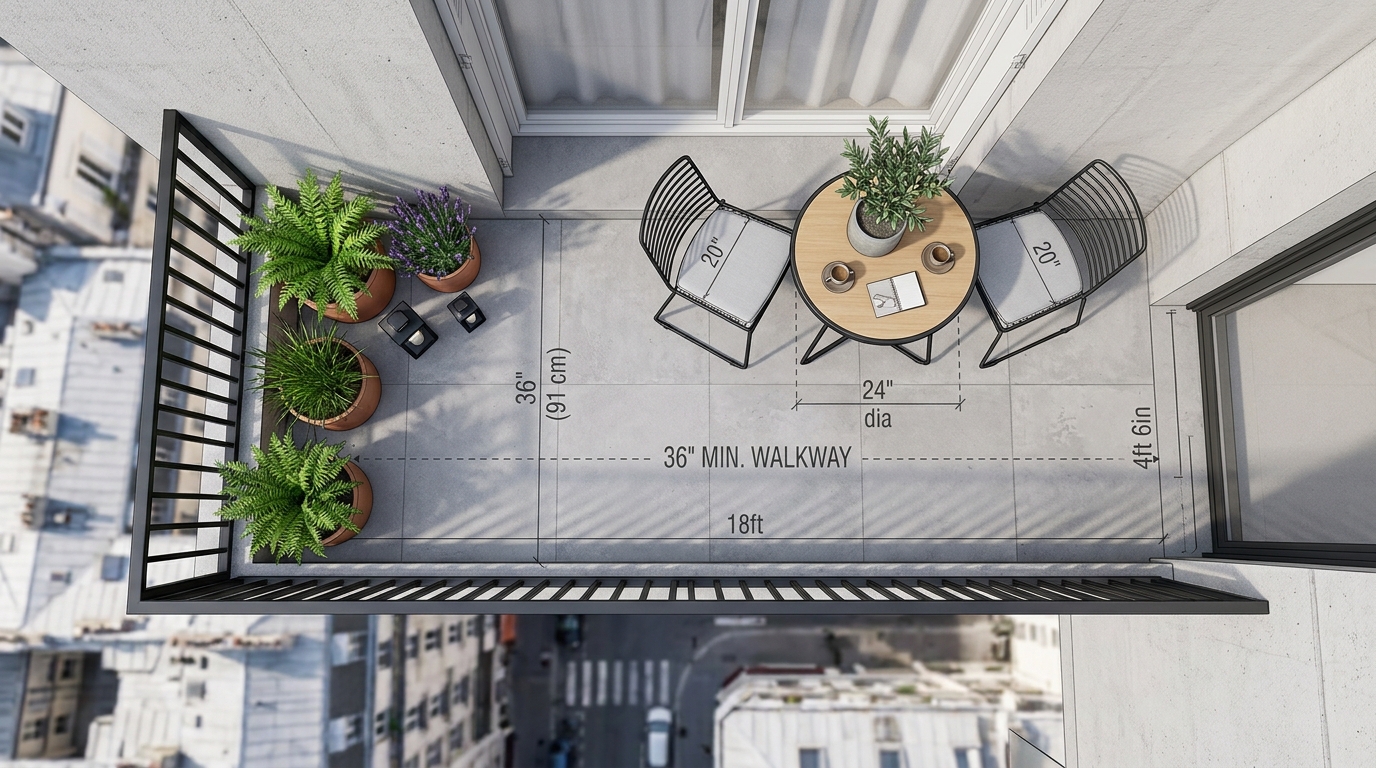 Architectural layout of a narrow balcony showing 36-inch walkway clearances and a compact weather-resistant bistro set.