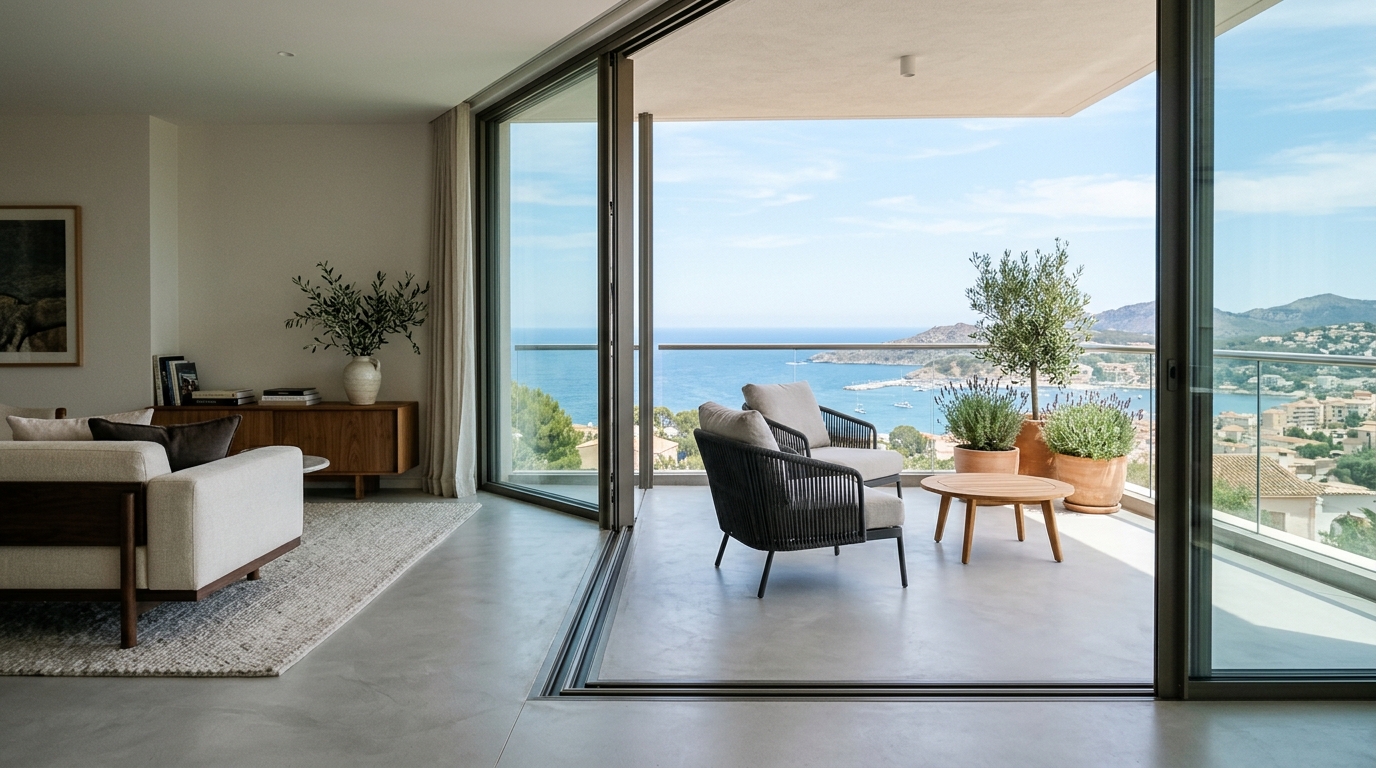 Architectural shot of a sliding glass door transition between a living room and a perfectly styled balcony.
