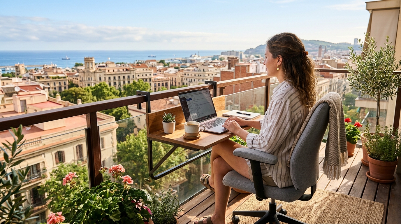 Compact outdoor workspace with an ergonomic chair and a small cantilevered table for remote work.