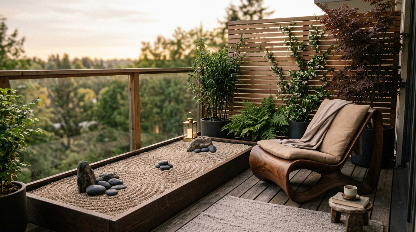 Modern zen balcony with smooth river stones, a small water feature, and a single sculptural chair.