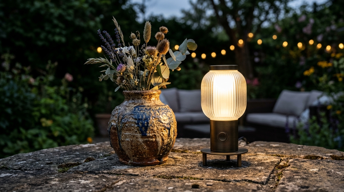 Detail of a high-CRI LED portable lamp illuminating a textured ceramic vase on a balcony table.