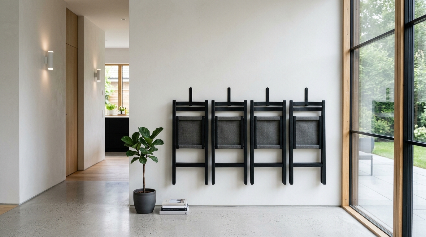 Precision-engineered aluminum folding chairs leaning against a wall in a space-saving arrangement.