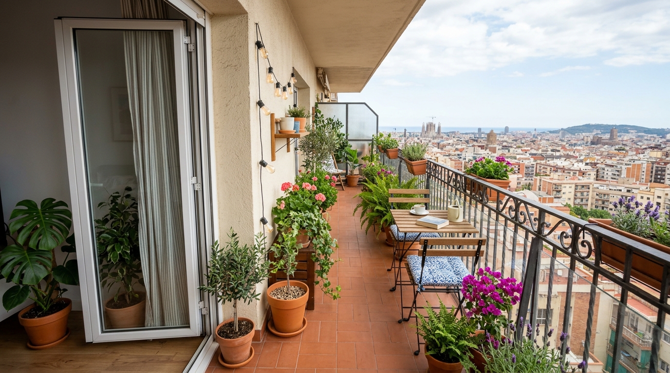 Wide-angle view of a small apartment balcony layout showing furniture proportions and sightline alignment.