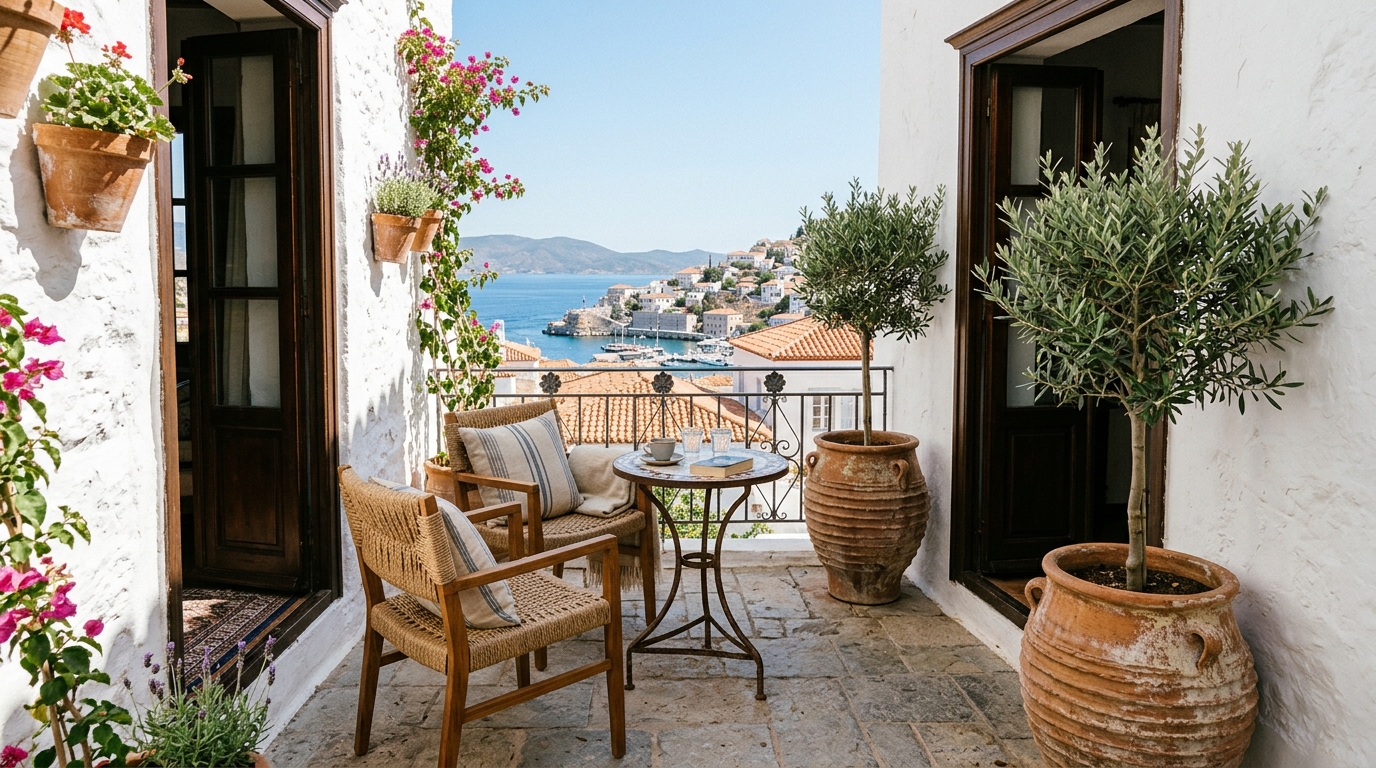 Mediterranean-inspired balcony with olive trees in fluted pots and woven rope seating.