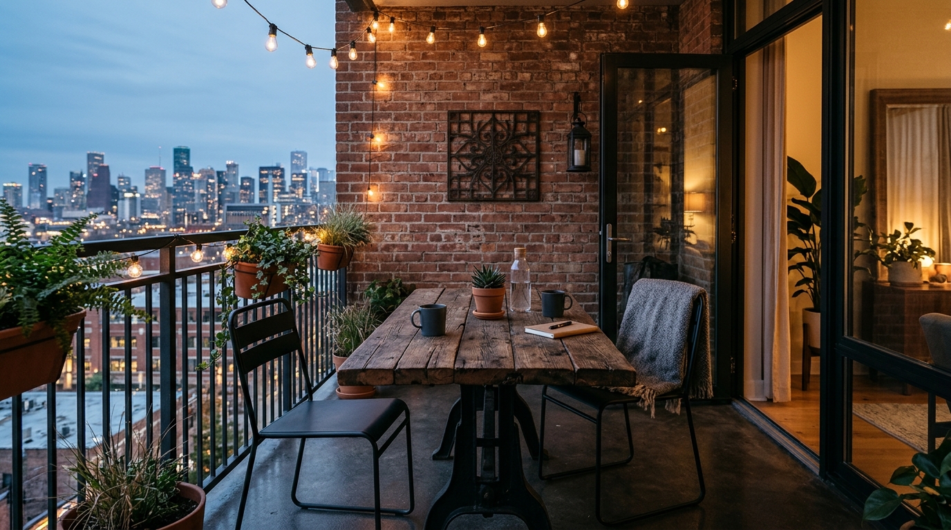 Industrial chic balcony with matte black finishes and warm wood accents under soft twilight.