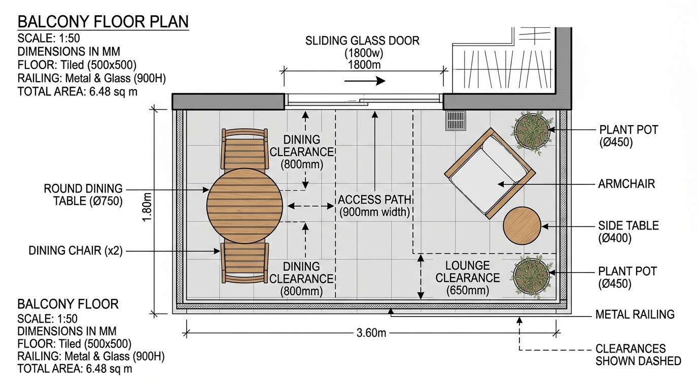 Overhead architectural plan view of a 45-square-foot balcony optimized for two people.