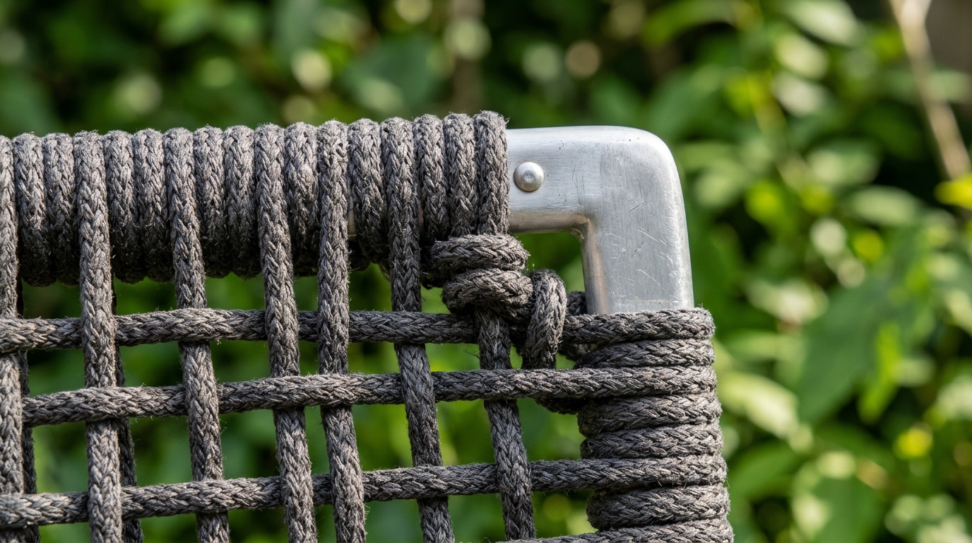 Macro detail of marine-grade rope weaving on a designer patio chair with a background of honed travertine stone.