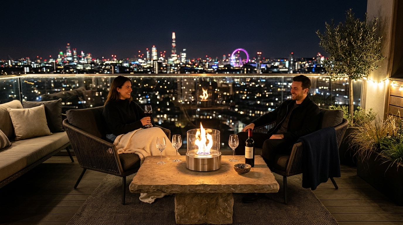 Luxury urban retreat featuring a small fire pit table and deep-seated but narrow-profile chairs.