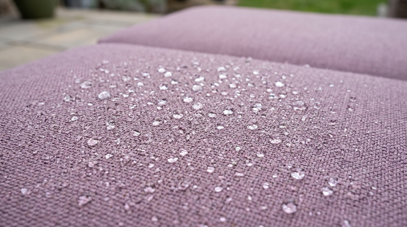 Close-up of weather-resistant upholstery in a soft Farrow & Ball Setting Plaster hue.
