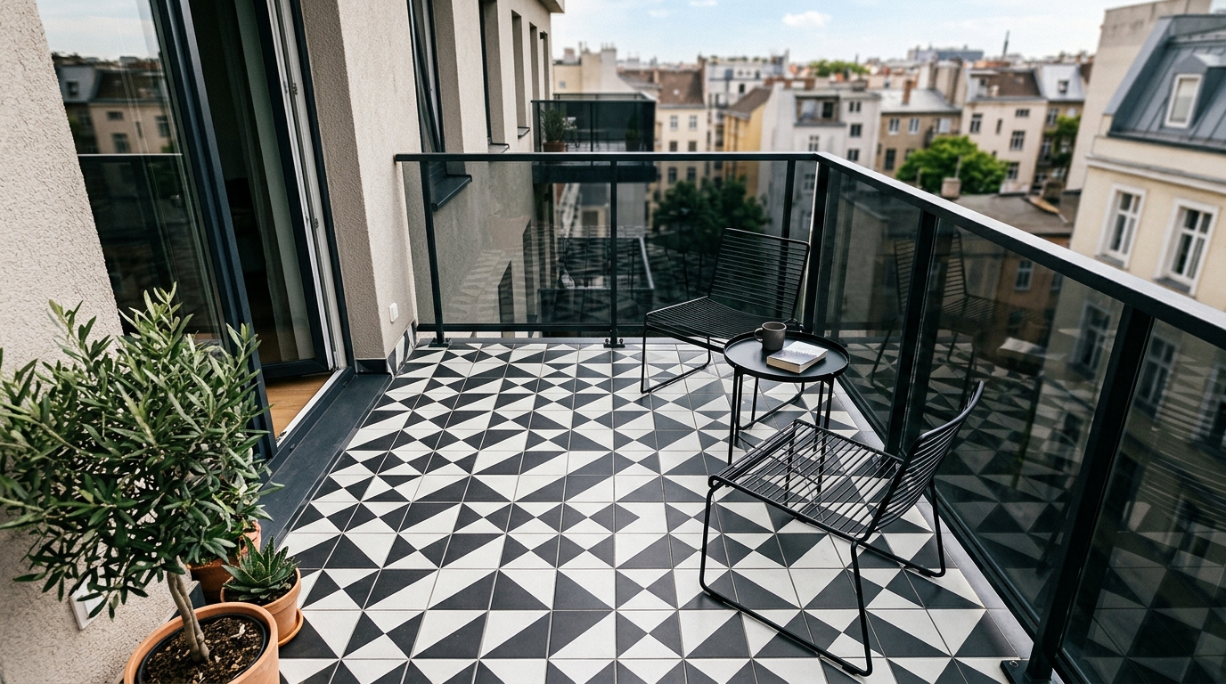 Geometric tile flooring on a small balcony providing a strong visual foundation for minimalist furniture.