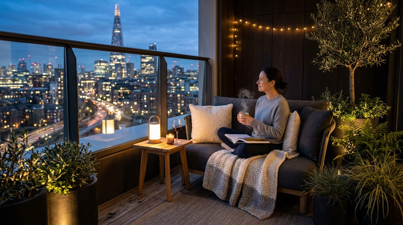 The final architectural reflection of a high-performance balcony nook at night with soft ambient glow.
