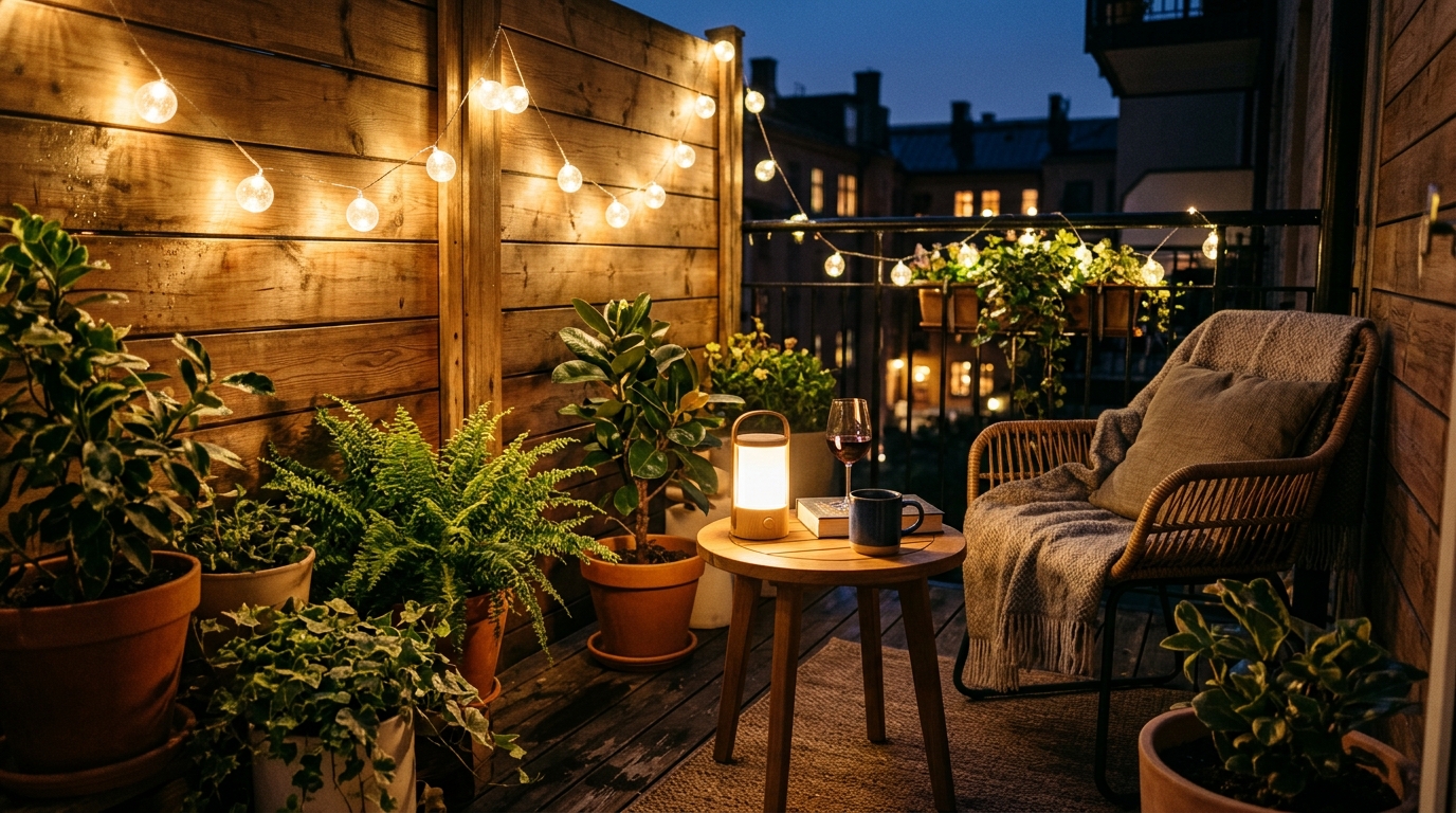 Warm 2700K atmospheric lighting casting soft shadows across a balcony garden privacy screen in a luxury apartment.