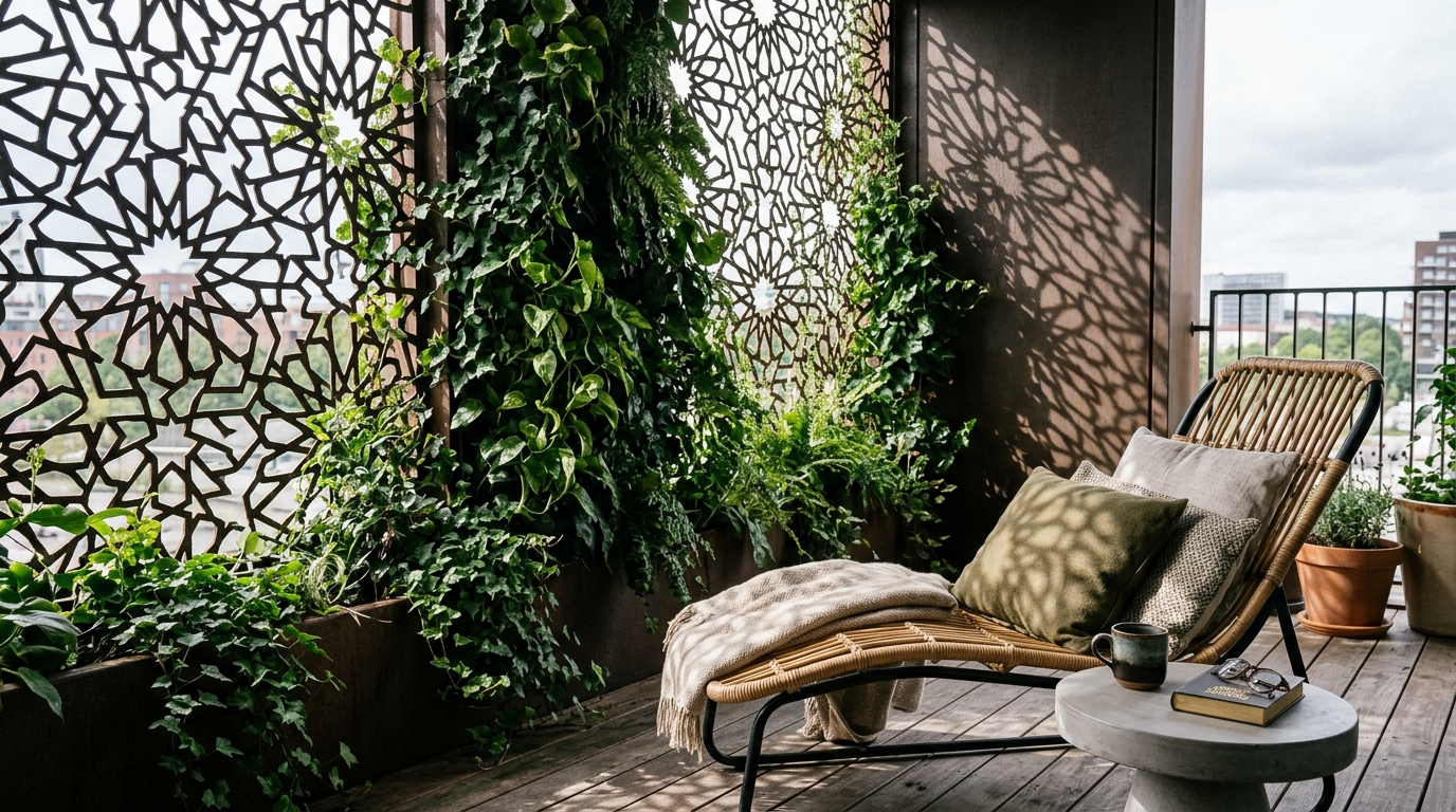 Lush vertical garden wall integrated with a laser-cut privacy screen on a small urban terrace.