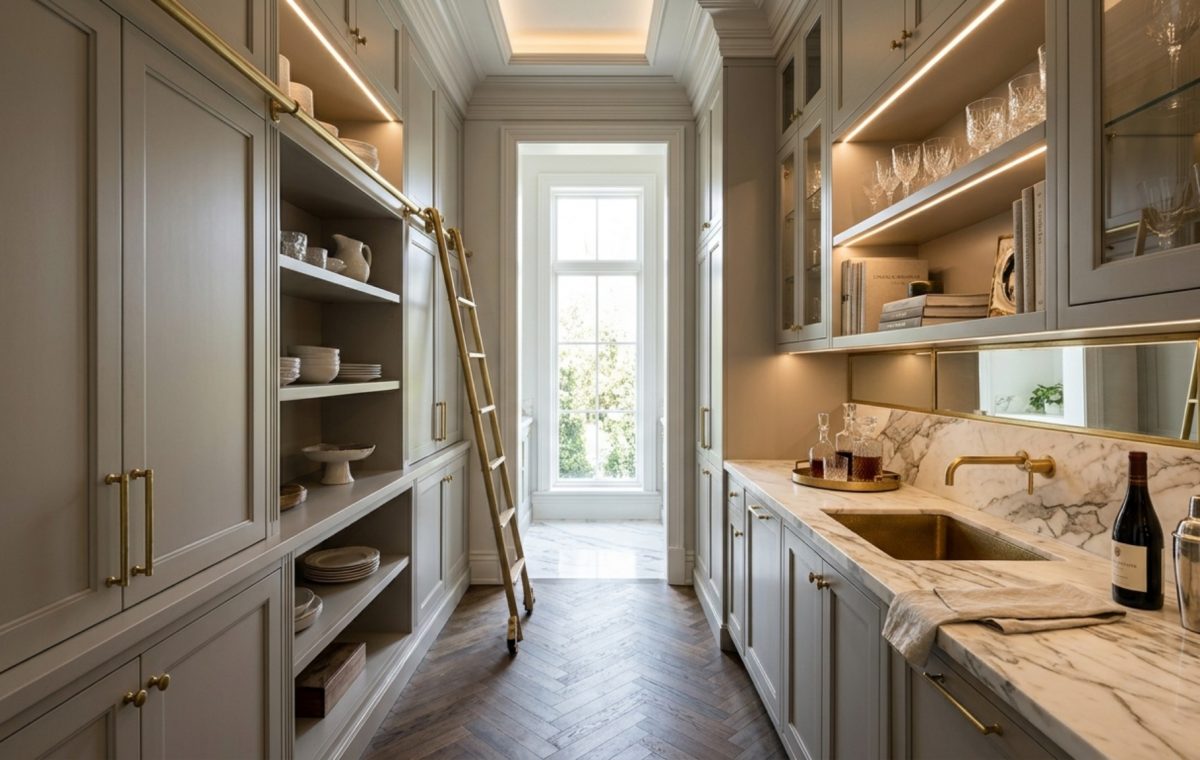 A transitional walk-in butler's pantry featuring floor-to-ceiling custom cabinetry in a soft mushroom grey, an integrated brass library ladder, and a marble-topped wet bar at the focal point under soft 2700K lighting.