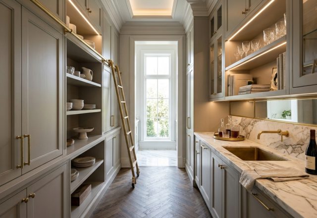 A transitional walk-in butler's pantry featuring floor-to-ceiling custom cabinetry in a soft mushroom grey, an integrated brass library ladder, and a marble-topped wet bar at the focal point under soft 2700K lighting.