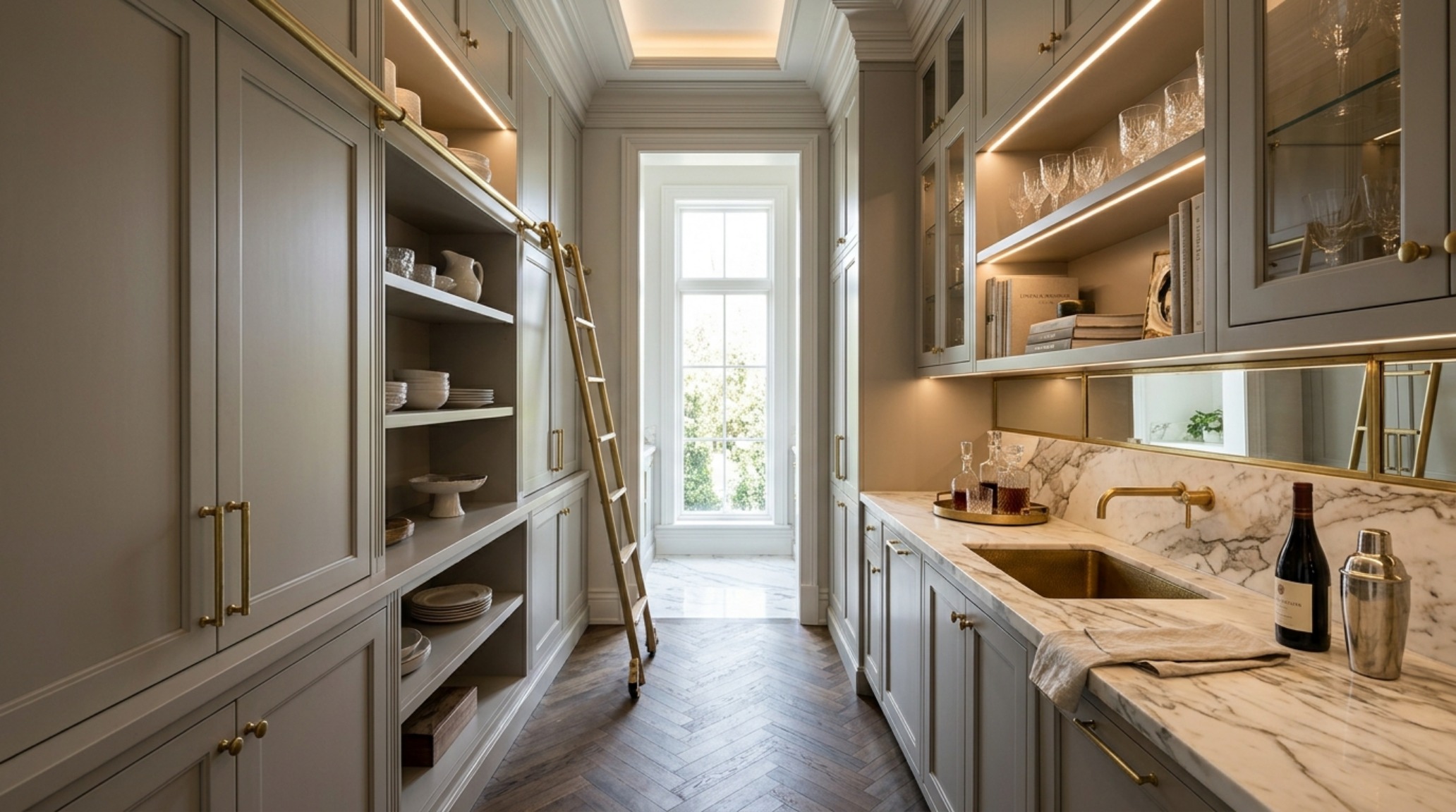 A transitional walk-in butler's pantry featuring floor-to-ceiling custom cabinetry in a soft mushroom grey, an integrated brass library ladder, and a marble-topped wet bar at the focal point under soft 2700K lighting. A transitional walk-in butler's pantry featuring floor-to-ceiling custom cabinetry in a soft mushroom grey, an integrated brass library ladder, and a marble-topped wet bar at the focal point under soft 2700K lighting.
