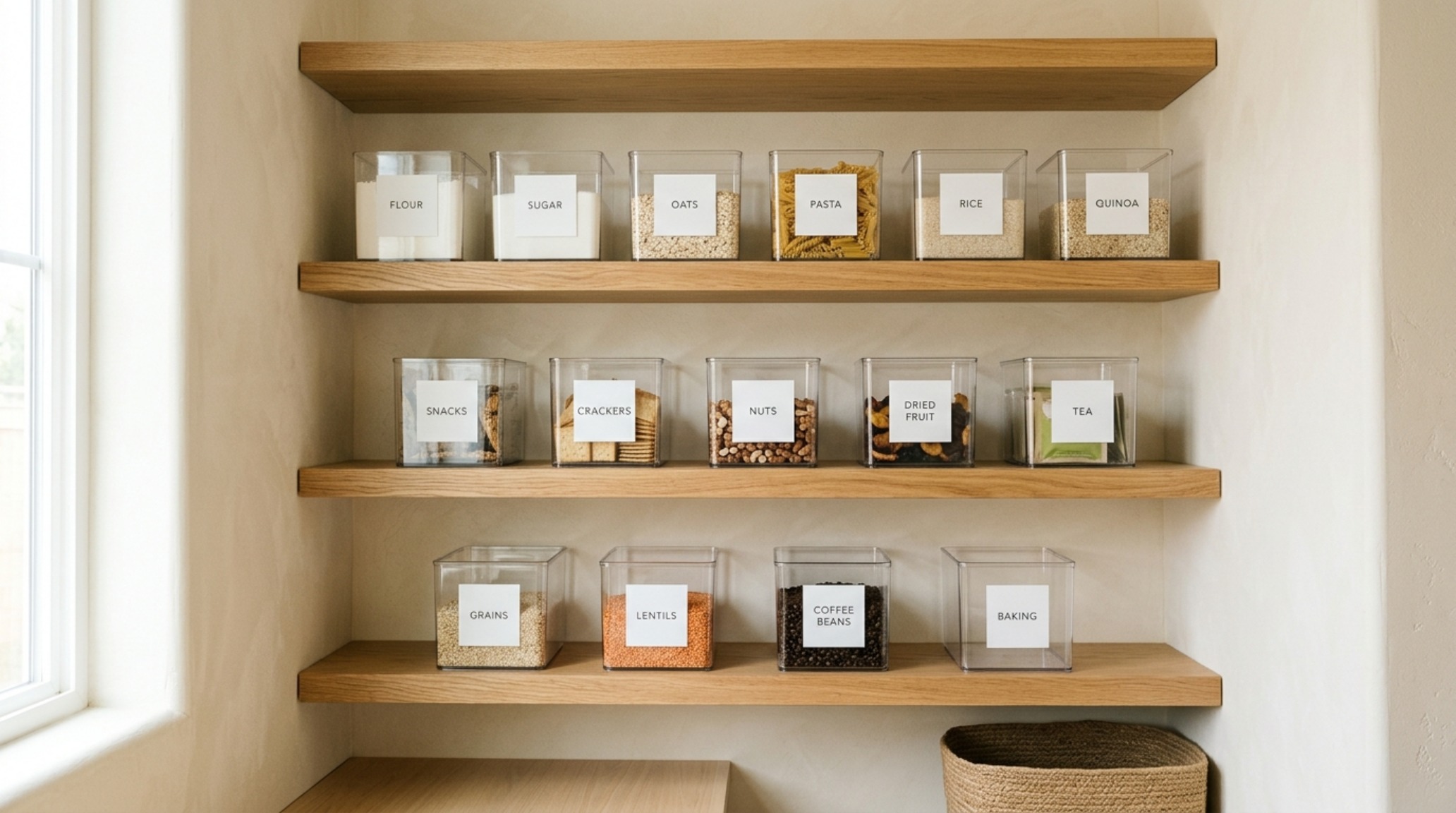 Minimalist pantry view showing a series of clear acrylic pantry storage bins on floating shelves against a limewash wall, highlighting a modern 'Quiet Luxury' approach to storage. Minimalist pantry view showing a series of clear acrylic pantry storage bins on floating shelves against a limewash wall, highlighting a modern 'Quiet Luxury' approach to storage.