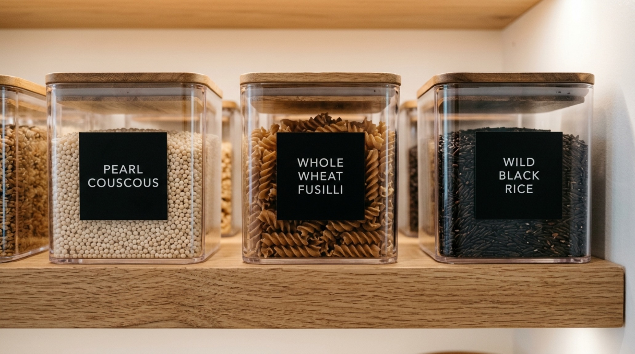Extreme detail of clear acrylic pantry storage bins arranged on 14-inch deep white oak shelving, meticulously labeled with minimalist black font for a high-performance small pantry organization ideas scheme. Extreme detail of clear acrylic pantry storage bins arranged on 14-inch deep white oak shelving, meticulously labeled with minimalist black font for a high-performance small pantry organization ideas scheme.