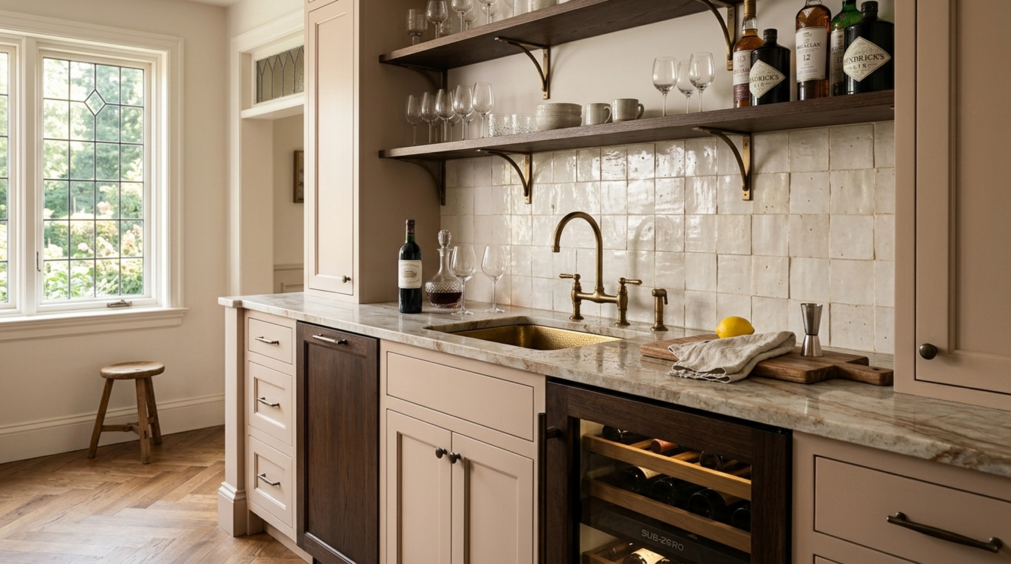 Sophisticated home bar design within a kitchen scullery featuring a 24-inch under-counter wine cooler, a small hammered brass prep sink, and a backsplash of creamy zellige tiles in directional sunlight. Sophisticated home bar design within a kitchen scullery featuring a 24-inch under-counter wine cooler, a small hammered brass prep sink, and a backsplash of creamy zellige tiles in directional sunlight.