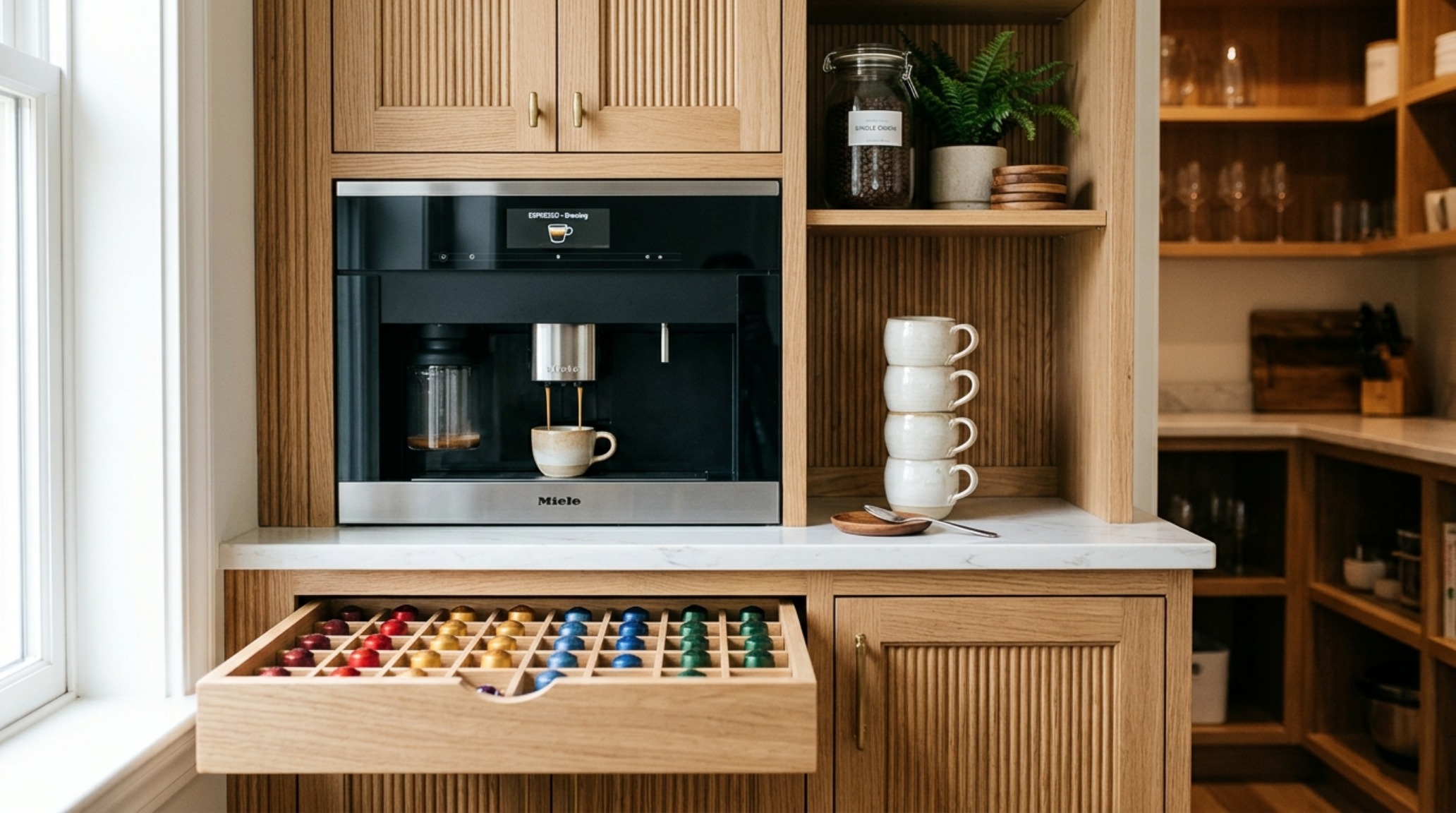 Morning coffee routine station within a luxury pantry featuring a built-in Miele coffee system, stacked ceramic mugs on a floating shelf, and custom cabinetry pantry layout for espresso pod storage. Morning coffee routine station within a luxury pantry featuring a built-in Miele coffee system, stacked ceramic mugs on a floating shelf, and custom cabinetry pantry layout for espresso pod storage.