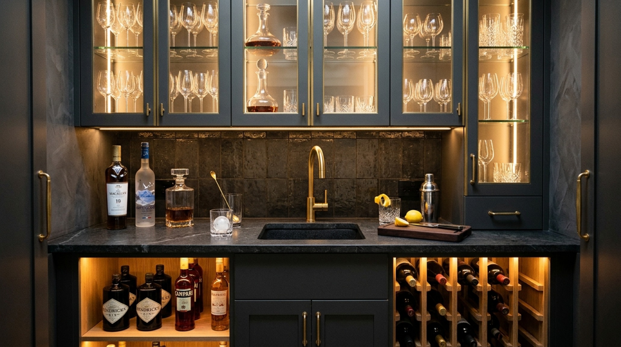 Architectural detail of a bespoke wet bar with a charcoal grey stone countertop, integrated wine refrigeration, and glass-front upper cabinets showing a collection of crystal glassware. Architectural detail of a bespoke wet bar with a charcoal grey stone countertop, integrated wine refrigeration, and glass-front upper cabinets showing a collection of crystal glassware.