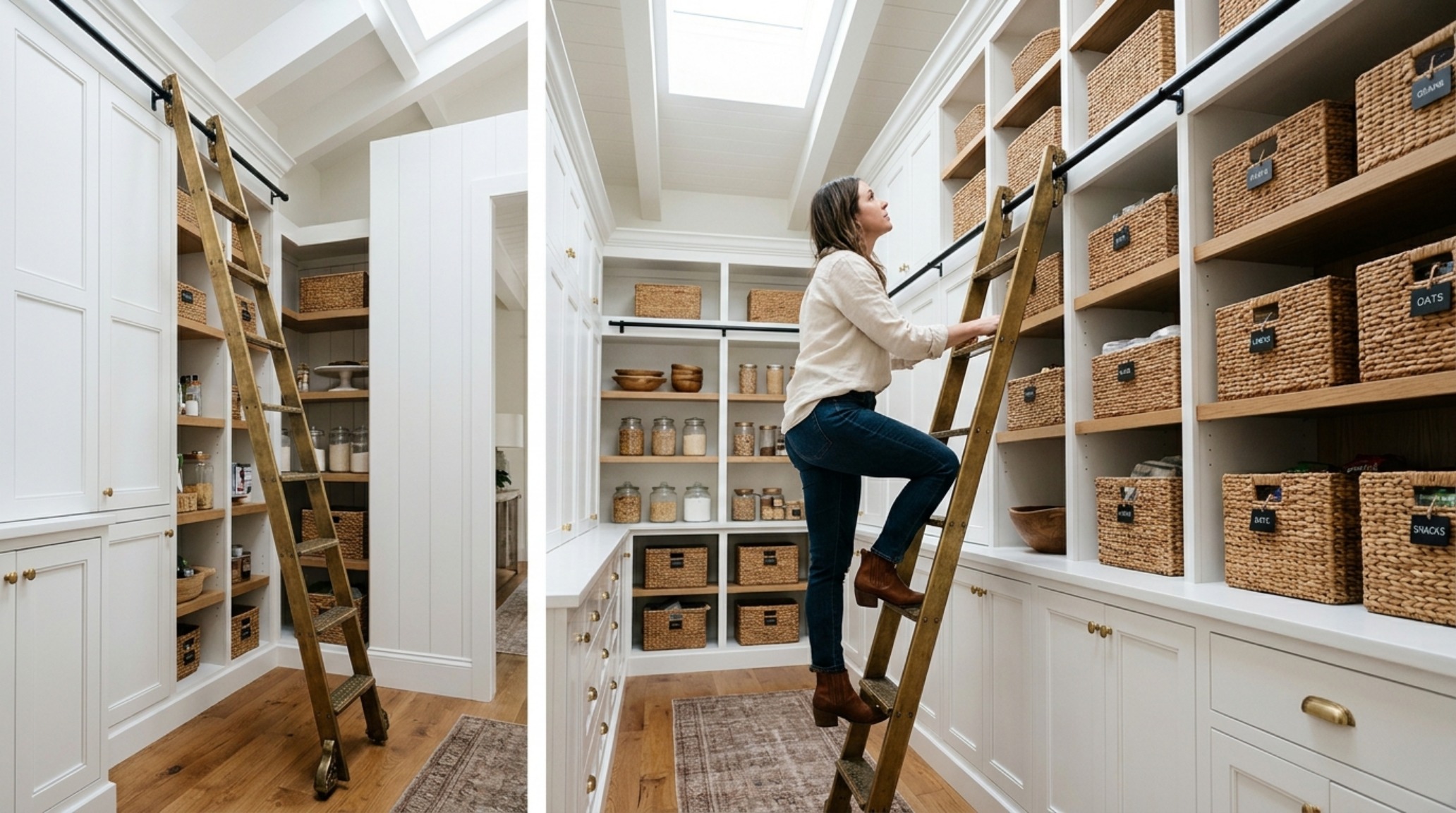 Functional kitchen organization scene showing a pantry ladder sliding along a brass rail against high-reach shelving filled with uniform glass jars and wicker baskets in a high-CRI light setting. Functional kitchen organization scene showing a pantry ladder sliding along a brass rail against high-reach shelving filled with uniform glass jars and wicker baskets in a high-CRI light setting.