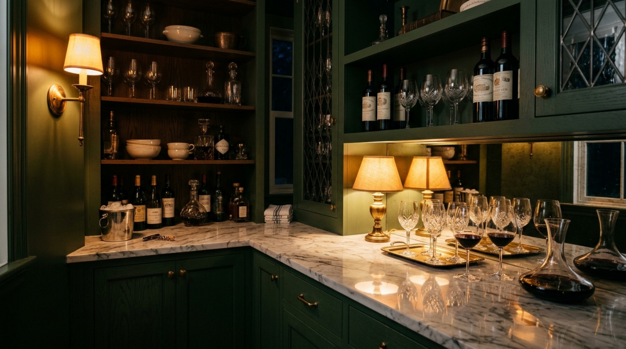 Elegant butler's pantry bar design at dusk, featuring warm 2700K accent lighting, a small cordless table lamp on a marble counter, and integrated shelving for a curated liquor collection. Elegant butler's pantry bar design at dusk, featuring warm 2700K accent lighting, a small cordless table lamp on a marble counter, and integrated shelving for a curated liquor collection.