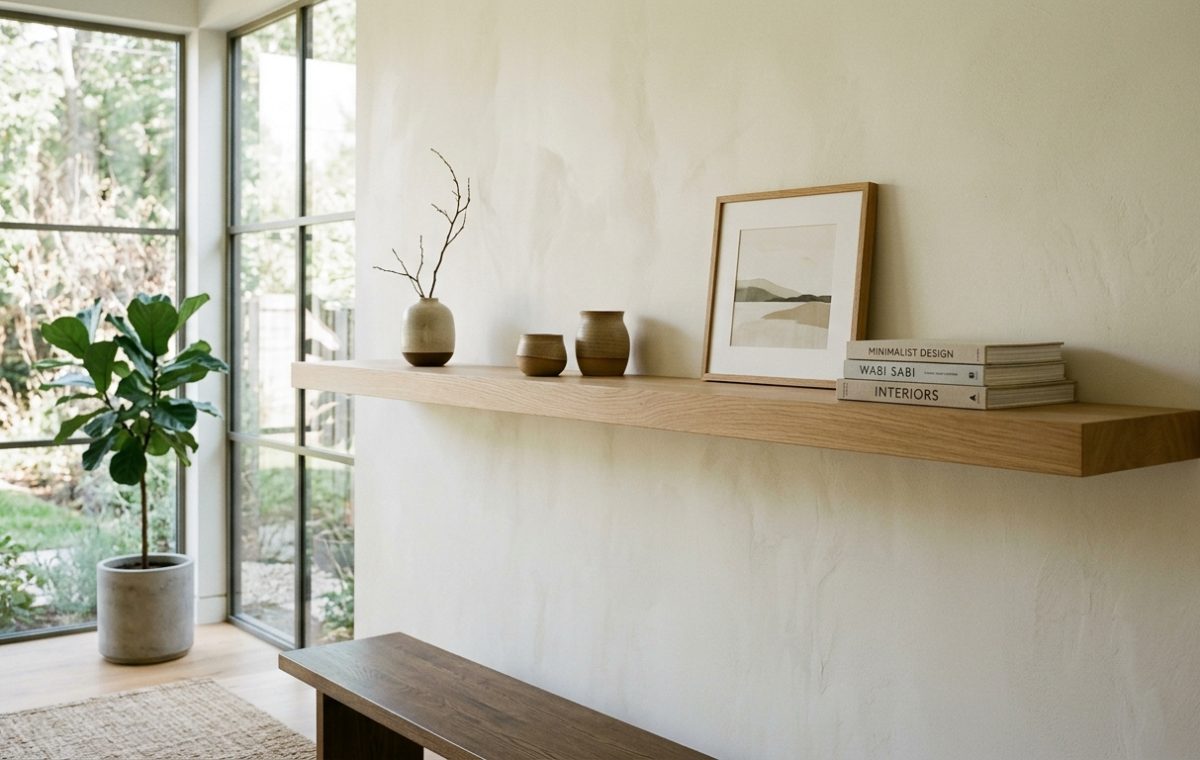 A hero shot of minimalist living room wall shelf ideas featuring long white oak floating shelves against a warm Shoji White wall with soft morning sunlight.