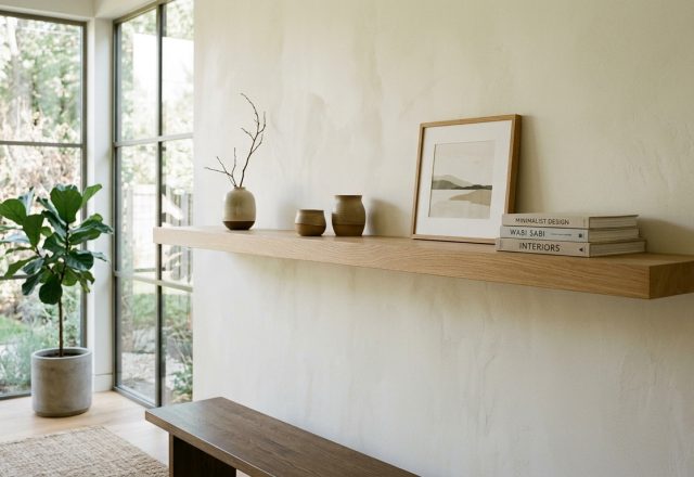 A hero shot of minimalist living room wall shelf ideas featuring long white oak floating shelves against a warm Shoji White wall with soft morning sunlight.