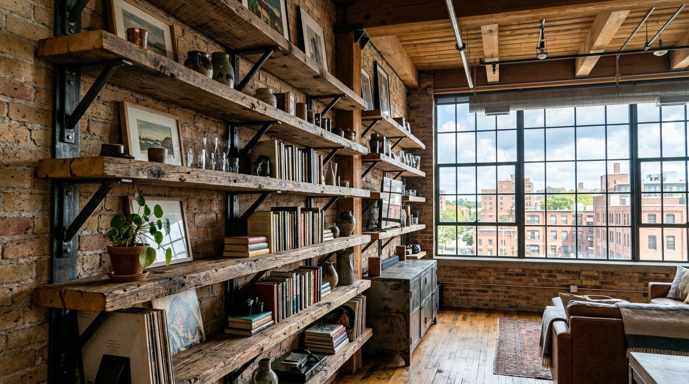 Industrial-inspired storage solutions using raw steel tracks and reclaimed timber planks in a high-ceilinged loft.