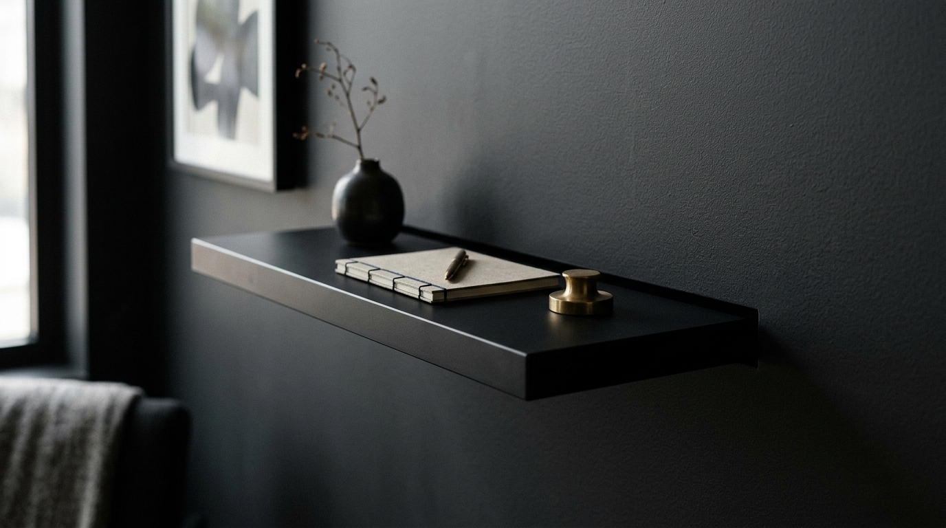 Close-up of a 'Ghost Shelf' detail showing a 1/8-inch shadow gap against a dark Tricorn Black accent wall.