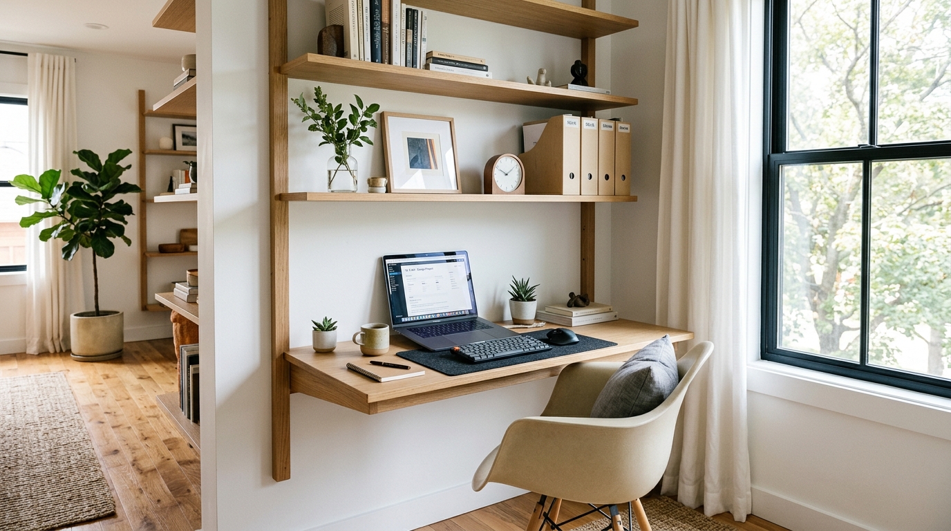 A hidden home office integrated into a modular shelving unit with a sleek drop-down desk and ergonomic task lighting.